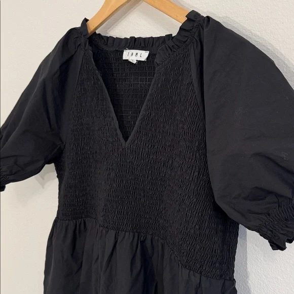 THML Black Smocked Midi Dress VNeck Short Puff Sleeves Size Large - Picture 3 of 7